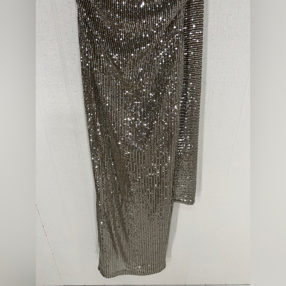 NWT Lavish Alice ALANNI Stretch Sequin Scarf evening gown Silver brown size 2 - Picture 4 of 16